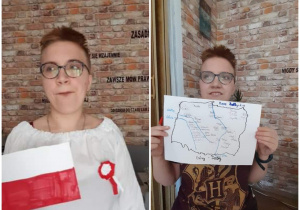 uczennica prezentuje wykonaną flagę i mapę Polski